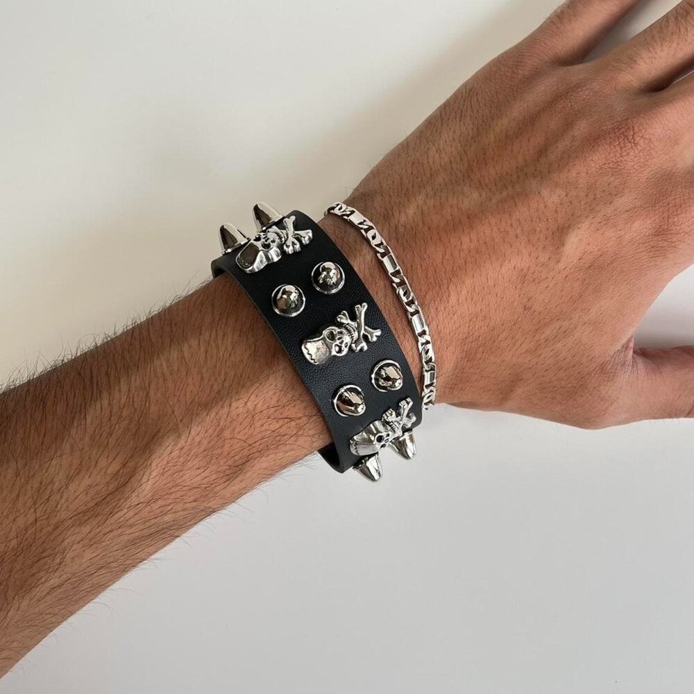 y2k 2000s skeleton spiked grunge punk black studded bracelet